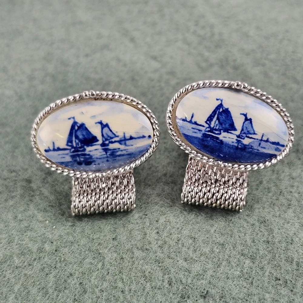 Vintage Swank Arts of the World Delft Porcelain Sailboat Mesh Wrap Cufflinks